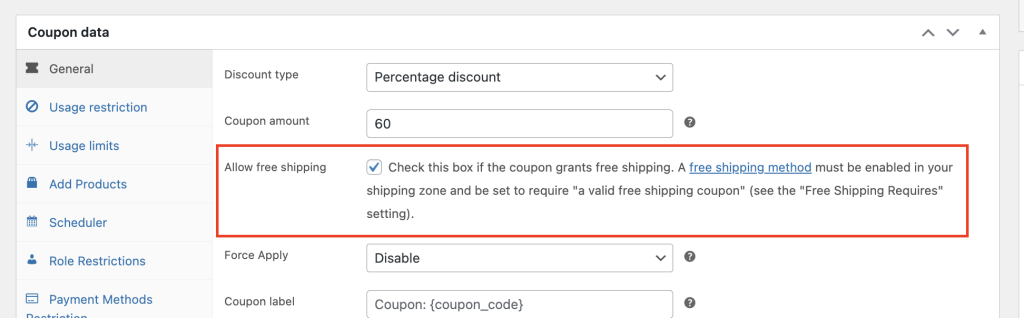 Allow free shipping